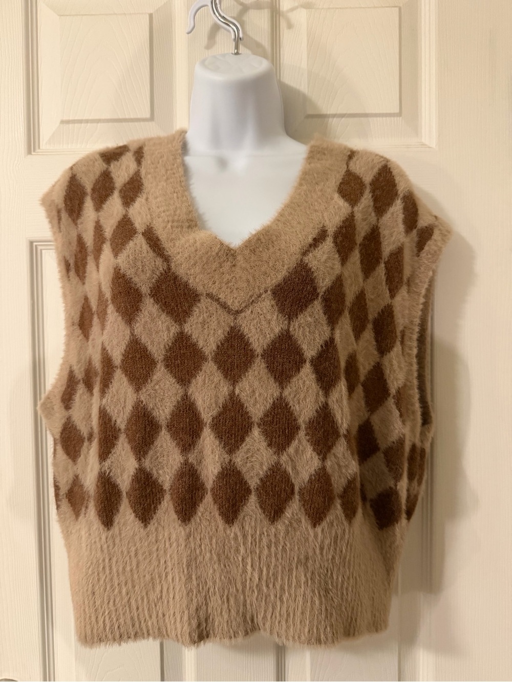 Argyle V-Neck Sweater Vest in Beige and Brown